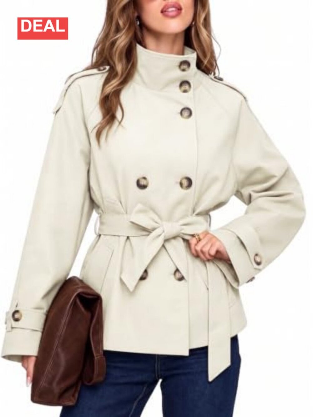 Cropped Double Breasted Trench Coat Button Front Belted Casual Jacket